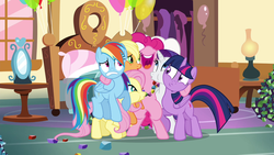 Size: 1280x720 | Tagged: safe, screencap, applejack, fluttershy, pinkie pie, rainbow dash, rarity, twilight sparkle, alicorn, pony, g4, maud pie (episode), female, group hug, mare, twilight sparkle (alicorn)