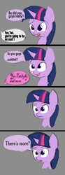 Size: 1920x5143 | Tagged: safe, artist:purpleblackkiwi, twilight sparkle, g4, season 5, the one where pinkie pie knows, adorkable, baby, bust, comic, cuddling, cute, dialogue, dork, gray background, naive, oblivious twilight is oblivious, open mouth, painfully innocent twilight, pure, simple background, smiling, snuggling, speech bubble