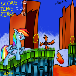 Size: 1500x1500 | Tagged: safe, artist:novaspark, rainbow dash, pegasus, pony, g4, crossover, female, hill top zone, lava, mare, ring, solo, sonic the hedgehog (series), sonic the hedgehog 2