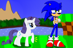 Size: 1200x800 | Tagged: safe, artist:phantomshadow051, rarity, g4, crossover, female, green hill zone, interspecies, male, rarisonic, shipping, sonic the hedgehog, sonic the hedgehog (series), straight