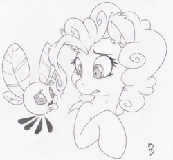 Size: 800x739 | Tagged: safe, artist:dfectivedvice, pinkie pie, parasprite, g4, cute, diapinkes, grayscale, monochrome, traditional art