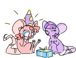 Size: 1000x771 | Tagged: safe, artist:nobody, pinkie pie, twilight sparkle, mouse, g4, hat, mousified, party hat, pinkie mouse, present, sketch, smiling, species swap, twimouse