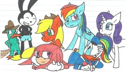Size: 1308x749 | Tagged: safe, artist:cmara, applejack, rainbow dash, rarity, g4, crossover, disney, donald duck, ducktales, knuckles the echidna, male, oswald the lucky rabbit, perry the platypus, phineas and ferb, sonic the hedgehog, sonic the hedgehog (series), traditional art