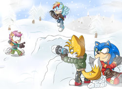 Size: 1246x914 | Tagged: dead source, safe, artist:atomiclance, rainbow dash, scootaloo, fox, anthro, plantigrade anthro, g4, crossover, gun, looking at each other, looking at someone, male, miles "tails" prower, motion lines, shrunken pupils, sky, snow, snow fort, snowball, snowball fight, snowfall, sonic the hedgehog, sonic the hedgehog (series), sonicified, tree, weapon