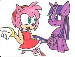 Size: 723x556 | Tagged: safe, artist:cmara, twilight sparkle, alicorn, pony, g4, amy rose, crossover, female, mare, sonic the hedgehog (series), traditional art, twilight sparkle (alicorn)