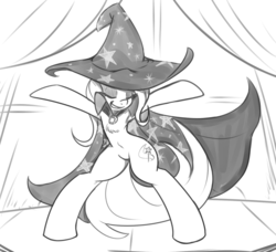 Size: 1200x1094 | Tagged: source needed, safe, artist:reiduran, trixie, pony, unicorn, semi-anthro, g4, armpits, belly button, bipedal, chest fluff, female, monochrome, performance, solo