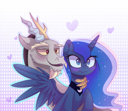 Size: 2000x1733 | Tagged: safe, artist:elementalokami, discord, princess luna, g4, bedroom eyes, blushing, female, fluffy, frown, heart, male, open mouth, raised hoof, ship:lunacord, shipping, smiling, smirk, spread wings, straight, wavy mouth, wide eyes
