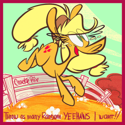 Size: 500x500 | Tagged: safe, artist:crackiepipe, part of a set, applejack, g4, dialogue, female, fence, jumping, solo