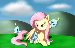 Size: 2603x1660 | Tagged: safe, artist:zipo-chan, fluttershy, chao, g4, crossover, sonic the hedgehog (series)