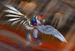 Size: 3874x2619 | Tagged: safe, artist:vinicius040598, rainbow dash, pegasus, pony, g4, the cutie re-mark, alternate timeline, amputee, apocalypse dash, arrow, augmented, butt, crystal war timeline, epic, female, fight, fire, flying, high res, mare, plot, prosthetic limb, prosthetic wing, prosthetics, rear view, solo, spread wings