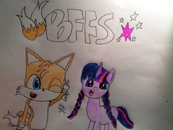 Size: 1280x960 | Tagged: safe, artist:geekygraphics42, twilight sparkle, g4, crossover, male, miles "tails" prower, shipping, sonic the hedgehog (series), traditional art, twitails, younger