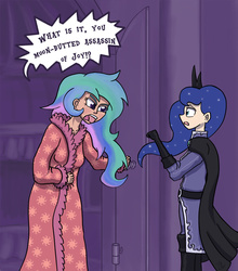 Size: 1054x1200 | Tagged: safe, anonymous artist, princess celestia, princess luna, human, g4, 4chan, babylon 5, clothes, crossover, drawthread, humanized, londo mollari, nightgown, parody, uniform, vir cotto