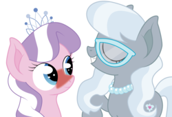Size: 1024x696 | Tagged: safe, artist:dr-whiskey, diamond tiara, silver spoon, earth pony, pony, g4, blushing, female, filly, foal, glasses, lesbian, loose hair, ship:silvertiara, shipping, simple background, transparent background