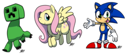 Size: 2368x1020 | Tagged: safe, artist:kingrebecca, fluttershy, g4, chibi, creeper, crossover, male, minecraft, simple background, sonic the hedgehog, sonic the hedgehog (series), transparent background