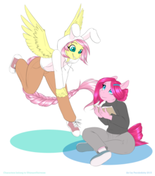 Size: 950x1081 | Tagged: safe, artist:silkensaddle, fluttershy, pinkie pie, oc, oc:cottontail, oc:ink blot, earth pony, pegasus, anthro, plantigrade anthro, ultimare universe, g4, alternate hairstyle, animal hood, blue eyes, book, braid, braided tail, brown pants, bunny costume, bunny hood, clothes, converse, cute, cyan eyes, digital art, duo, female, flying, gray pants, gray sweater, hair accessory, hoodie, looking at each other, looking down, looking up, mare, meme, pants, pink coat, pink hair, pink mane, pink tail, shoes, simple background, sitting, sitting lyra, sneakers, spread wings, sweater, transparent background, turtleneck, wings, yellow coat