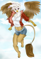 Size: 2039x2894 | Tagged: safe, artist:fuzzy-britches, gilda, griffon, anthro, g4, bedroom eyes, belly button, clothes, female, flying, high res, jacket, midriff, panties, pink underwear, ripped jeans, short shirt, shorts, solo, t-shirt, underwear