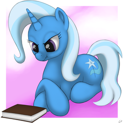 Size: 1540x1540 | Tagged: safe, artist:conscious-aberration, trixie, pony, unicorn, g4, book, female, grumpy, mare, prone, scrunchy face, simple background, solo