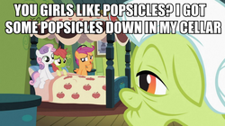 Size: 894x500 | Tagged: safe, edit, edited screencap, screencap, apple bloom, granny smith, scootaloo, sweetie belle, earth pony, pegasus, pony, unicorn, family appreciation day, g4, backwards thermometer, bed, caption, cutie mark crusaders, family guy, female, filly, foal, green face, herbert the pervert, image macro, its a trap, its a trap!, male, mare, meme, thermometer
