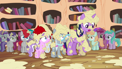 Size: 1280x720 | Tagged: safe, screencap, aquamarine, aura (g4), diamond tiara, liza doolots, peach fuzz, petunia, ruby pinch, silver spoon, tootsie flute, tornado bolt, train tracks (g4), twilight sparkle, alicorn, pony, g4, twilight time, applesauce, female, filly, golden oaks library, mare, mess, twilight sparkle (alicorn)