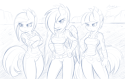 Size: 1280x808 | Tagged: safe, artist:ambris, maud pie, pinkie pie, rainbow dash, earth pony, anthro, g4, the cutie re-mark, alternate timeline, apinkalypse pie, apocalypse dash, apocalypse maud, crystal war timeline, hair over one eye, monochrome, pinkamena diane pie, scar, sketch, wip