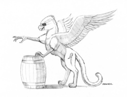 Size: 1100x841 | Tagged: safe, artist:baron engel, oc, oc only, oc:white lightning, griffon, barrel, commission, eyepatch, fake cutie mark, grayscale, monochrome, pencil drawing, solo, traditional art