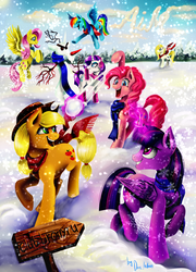 Size: 1280x1778 | Tagged: safe, artist:das_leben, applejack, fluttershy, pinkie pie, rainbow dash, rarity, twilight sparkle, oc, alicorn, pony, g4, clothes, female, mane six, mare, scarf, snow, snow discord, snowfall, twilight sparkle (alicorn), winter