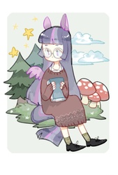 Size: 1181x1748 | Tagged: safe, artist:puzi, twilight sparkle, human, g4, book, clothes, cloud, dress shirt, eared humanization, female, glasses, grass, humanized, mushroom, pixiv, poncho, shoes, socks, solo, stars, tailed humanization, tree, twilight sparkle (alicorn), winged humanization