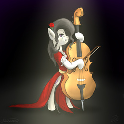 Size: 1000x1000 | Tagged: safe, artist:shimazun, octavia melody, earth pony, pony, g4, bipedal, cello, crying, female, flower, flower in hair, musical instrument, red dress, rose, solo, spotlight