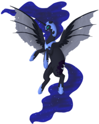 Size: 548x688 | Tagged: safe, artist:kittyisawolf, nightmare moon, alicorn, pony, g4, alternate design, fangs, female, holes in wings, mare, simple background, solo, torn wings, transparent background