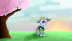Size: 1920x1080 | Tagged: safe, artist:zaponator, rainbow dash, fanfic:austraeoh, g4, asian conical hat, cherry blossoms, clothes, fanfic art, female, hat, robe, saddle bag, solo, sunset, wallpaper