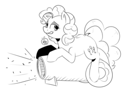 Size: 1280x985 | Tagged: safe, artist:notenoughapples, pinkie pie, g4, bedroom eyes, grin, lineart, monochrome, party cannon, solo