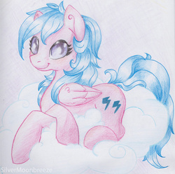 Size: 600x596 | Tagged: safe, artist:silvermoonbreeze, firefly, pegasus, pony, g1, g4, cloud, cute, cutie mark, female, g1 to g4, generation leap, hooves, looking at you, lying on a cloud, mare, on a cloud, prone, smiling, solo, traditional art, wings