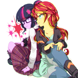Size: 800x800 | Tagged: safe, artist:wiedt6549, sci-twi, sunset shimmer, twilight sparkle, equestria girls, g4, back to back, chromatic aberration, duo, duo female, female, glasses, looking at you, looking back, simple background, sitting, white background