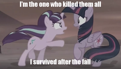 Size: 916x520 | Tagged: safe, edit, edited screencap, screencap, starlight glimmer, twilight sparkle, alicorn, pony, g4, the cutie re-mark, alternate timeline, ashlands timeline, barren, female, image macro, implied genocide, mare, meme, post-apocalyptic, september, song reference, thelivingtombstone, twilight sparkle (alicorn), wasteland