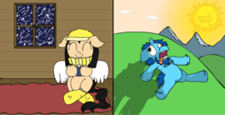 Size: 2600x1330 | Tagged: safe, artist:baratus93, oc, oc only, oc:royal blue, oc:sky weaver, pegasus, pony, unicorn, chocolate, clothes, faic, food, hat, hot chocolate, scarf, snow, snowfall, socks, summer, sun, sweat, winter