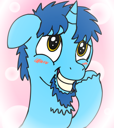 Size: 960x1080 | Tagged: safe, artist:baratus93, oc, oc only, oc:royal blue, blushing, bubble, bust, cute, floppy ears, fluffy, goatee, grin, smiling, solo, squee, unshorn fetlocks