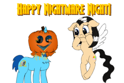 Size: 1920x1280 | Tagged: safe, artist:baratus93, oc, oc only, oc:royal blue, oc:sky weaver, pegasus, pony, unicorn, fail, jack-o-lantern, nightmare night, simple background, transparent background