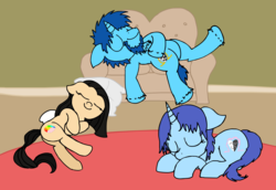 Size: 1850x1275 | Tagged: safe, artist:baratus93, oc, oc only, oc:cheri bleu, oc:royal blue, oc:sky weaver, pony, unicorn, couch, cute, female, mare, pillow, room, rule 63, sleeping