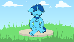 Size: 1920x1080 | Tagged: safe, artist:baratus93, oc, oc only, oc:royal blue, pony, unicorn, cloud, grass, meditation, sky, smiling