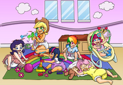 Size: 1600x1108 | Tagged: safe, artist:wishberri, applejack, fluttershy, pinkie pie, rainbow dash, rarity, twilight sparkle, human, g4, baby human, diaper, humanized, mane six, onesie, pacifier, poofy diaper, sleeping, younger