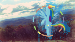 Size: 1920x1080 | Tagged: safe, artist:birthofthepheonix, artist:thegraid, rainbow dash, g4, cloud, effects, floating, forest, irl, photo, ponies in real life, vector, wallpaper