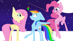 Size: 2358x1342 | Tagged: safe, artist:whatsup98, fluttershy, pinkie pie, rainbow dash, g4, female, holly, holly mistaken for mistletoe, lesbian, ms paint, night, ship:flutterdash, shipper on deck, shipping