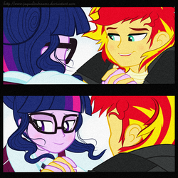 Size: 1214x1214 | Tagged: dead source, safe, artist:jaquelindreamz, sci-twi, sunset shimmer, twilight sparkle, equestria girls, g4, my little pony equestria girls: friendship games, blushing, cute, dancing, duo, equestria guys, female, glasses, half r63 shipping, love, male, rule 63, scitwiglare, ship:sci-twishimmer, ship:sunsetsparkle, ship:twiglare, shipping, straight, sunset glare, twiabetes