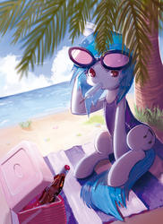 Size: 2374x3260 | Tagged: safe, artist:wtcolor, part of a set, dj pon-3, vinyl scratch, crab, pony, unicorn, g4, beach, clothes, coke bottle, cooler, cutie mark, female, food, high res, hooves, horn, ice cream, mare, mouth hold, one-piece swimsuit, palm tree, pixiv, popsicle, sea salt ice cream, seasons, sitting, solo, summer, sunglasses, swimsuit, tree