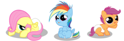 Size: 9000x3000 | Tagged: safe, artist:zigrock, fluttershy, rainbow dash, scootaloo, pony, g4, baby, baby dash, baby pony, baby scootaloo, babyshy, cute, cutealoo, dashabetes, diaper, filly, foal, shyabetes, simple background, transparent background, vector, wingless