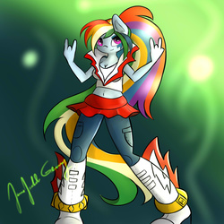 Size: 1500x1500 | Tagged: safe, artist:jamesjackobgermany, rainbow dash, anthro, plantigrade anthro, equestria girls, g4, belly button, cleavage, clothes, female, midriff, pants, short shirt, skirt, solo