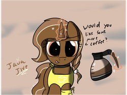 Size: 1436x1080 | Tagged: safe, artist:starlightblossom, oc, oc only, oc:java jive, pony, coffee, food, solo