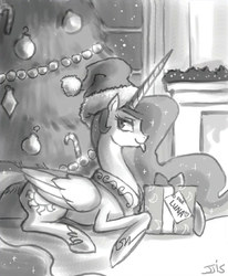 Size: 1009x1225 | Tagged: safe, artist:johnjoseco, princess celestia, g4, christmas, female, grayscale, monochrome, solo