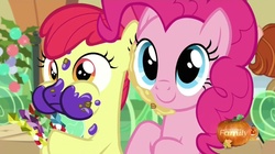 Size: 2040x1146 | Tagged: safe, screencap, apple bloom, pinkie pie, g4, hearthbreakers, cute, puffy cheeks, smiling