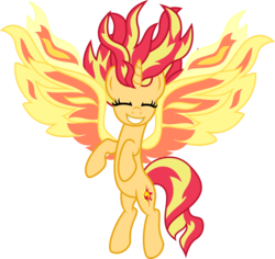 Size: 5906x5565 | Tagged: safe, artist:osipush, sunset shimmer, alicorn, pony, g4, my past is not today, absurd resolution, equestria girls ponified, female, fiery shimmer, fiery wings, fire, grin, happy, ponified, race swap, shimmercorn, simple background, smiling, solo, sunset phoenix, transparent background, vector